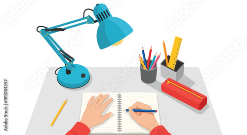 Hands writing in a notebook on a desk with a blue lamp. Tidy workspace for study, work, or creativity, featuring pencils, ruler, and a pencil case.