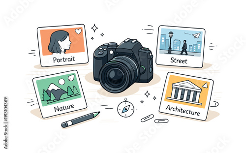Photography genres overview. Camera on a desk surrounded by small cards representing portrait, street, nature, and architecture photography,