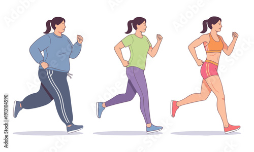 Woman Body Transformation Running Stages: Overweight, Fit, and Athletic