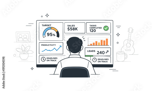 Life reduced to KPIs at work. A person looking at a dashboard filled with metrics while personal items fade into the background. The mood