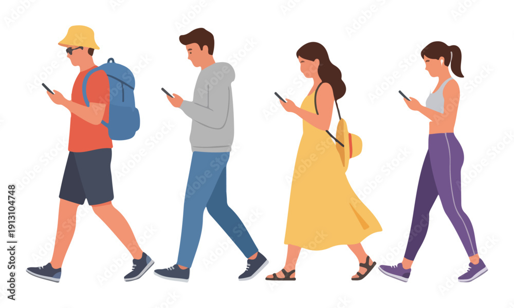Obraz premium Group of four distracted pedestrians walking and looking at cell phones