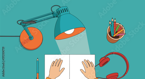 Hands typing on keyboard under desk lamp with headphones and pencils nearby, creative workspace concept illustration