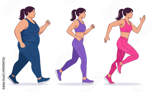 Woman Weight Loss Transformation Steps from Obese Walker to Fit Runner