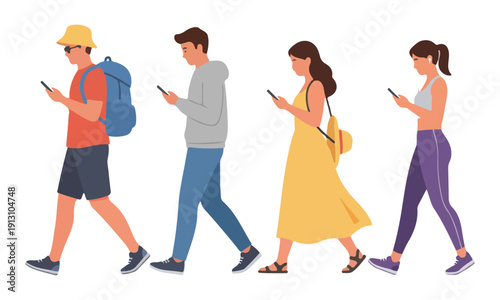Group of four distracted pedestrians walking and looking at cell phones