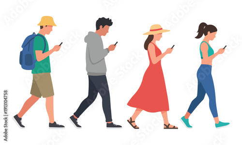 Walking People Using Smartphones, Digital Dependence Illustration