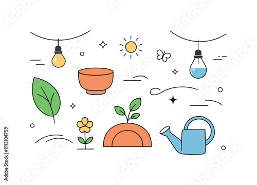    Abstract garden decor. Simplified garden shapes like leaves, pots, and lights floating freely. Playful yet calm summer garden concept with
