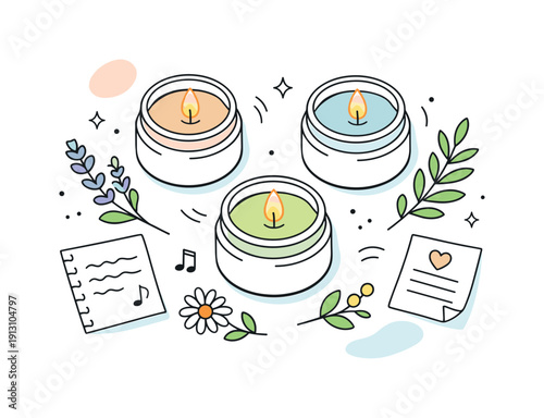 Aromatherapy Candle Flat Lay. Aromatherapy candle jars flat lay. Top view of open candles with soft flame, herbal twigs, and calming notes around, symbolizing