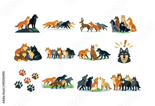    Wild canine pack. Colorful flat vector icons set of wild canine pack: pack leaders, coordinated running, teamwork chase, group formation,