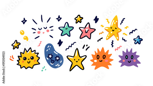 Vector set of hand drawn various colourful funny stars, sparks, wave shapes and comic creatures faces. Cute doodle design elements. vector icon
