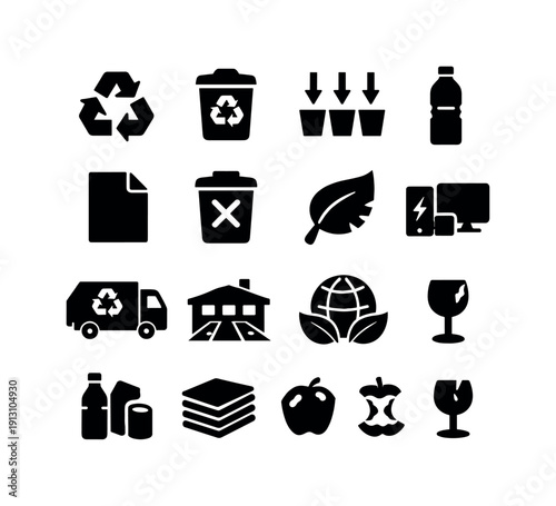 Recycling Icons Grid. Recycling System. Solid icon set of Recycling System: recycle triangle, bin icons, sorting arrows, recyclable bottle, paper sheet, trash