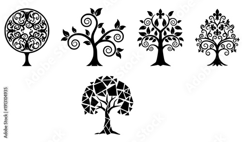 Deciduous Tree Silhouette Symbol Collection Isolated on White Background Vector Set