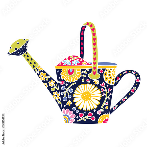 Watering can with flowers. Gardening equipment. Botanical, spring design element.