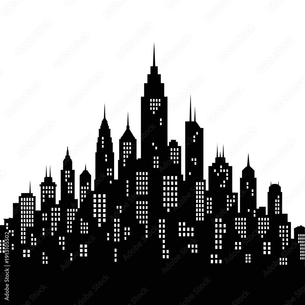 Obraz premium Black Silhouette of a City Skyline at Night.
