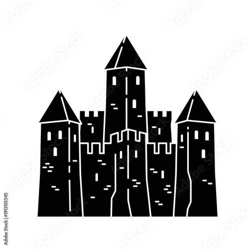 Black silhouette of a medieval castle with towers and battlements.