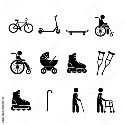 Collection of Icons Representing Mobility and Assistance Devices.