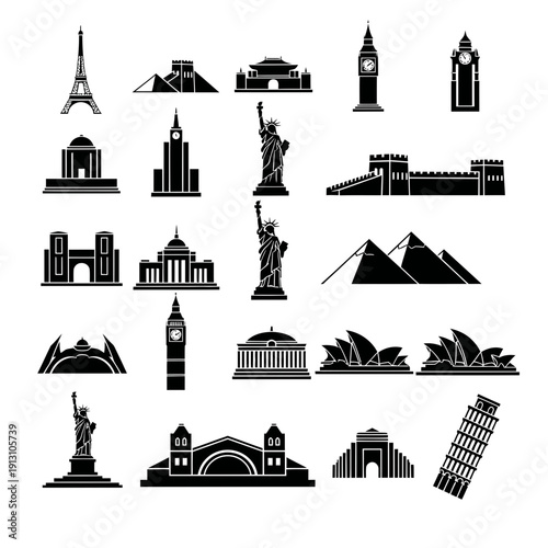 Collection of famous world landmarks and architectural icons in silhouette.