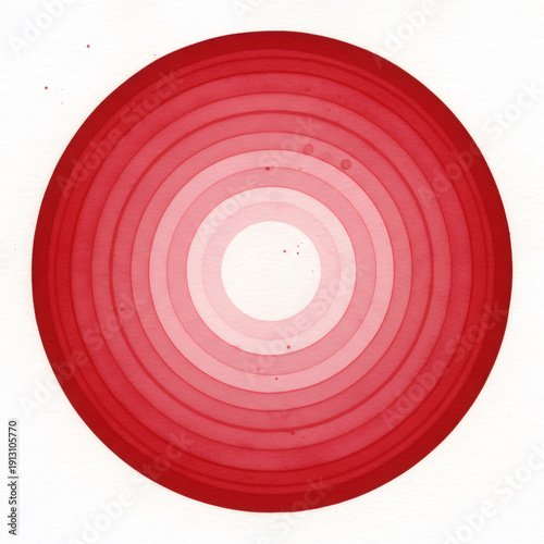 Red concentric circles on a white background with a watercolor texture. Gradient pattern design for modern art or abstract concept.