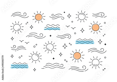 Abstract summer shapes background. Repeating abstract elements inspired by sun, waves, and breeze, spaced with plenty of white space. The