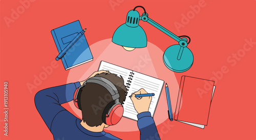 Young person studying at a desk, wearing headphones, writing in a notebook under a desk lamp. Concept of education, learning, focus, and productivity.