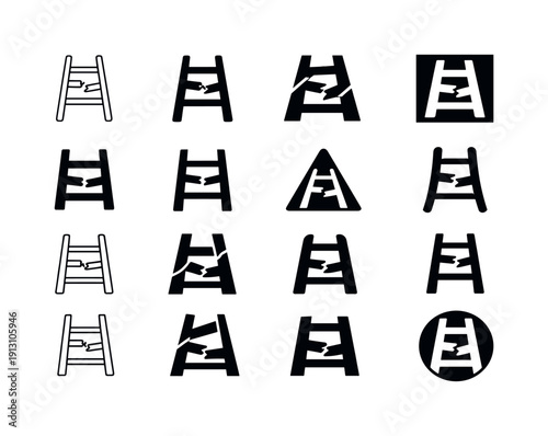 Unsafe ladders. Icon set. Set Logo of unsafe ladders: broken rung ladder. harmonious logo variations of the same emblematic concept, each