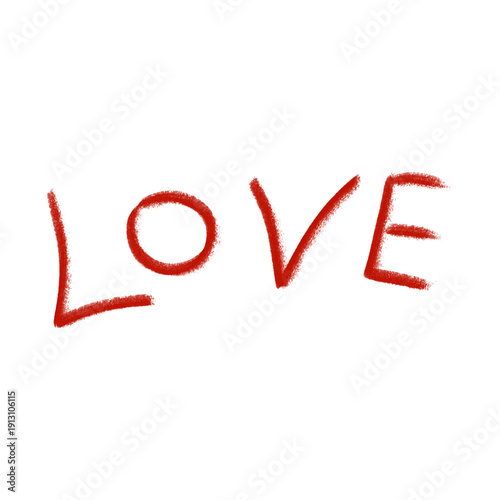 A decorative illustration of red love text in a simple cartoon style on a white isolated background. The flat design features soft shapes and vibrant colors. Suitable for cards, stickers, packaging, r