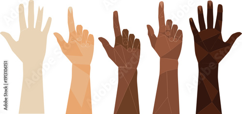 Collection of diverse human hands with various skin tones raised in the air representing unity equality diversity and inclusion background