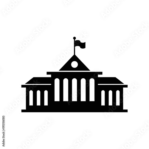 Government building icon with flag on roof.