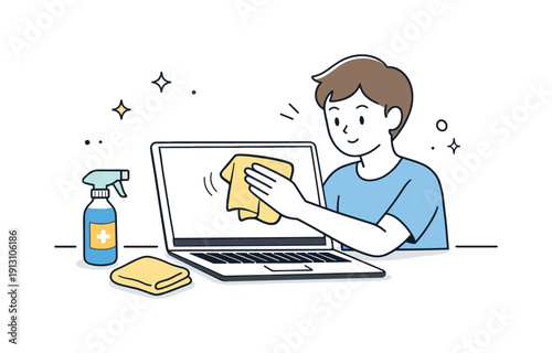 Laptop Screen Care. Cleaning a laptop. Person gently wiping a laptop screen with a cloth, calm careful maintenance and focus. Cleaning spray, cloth, and subtle