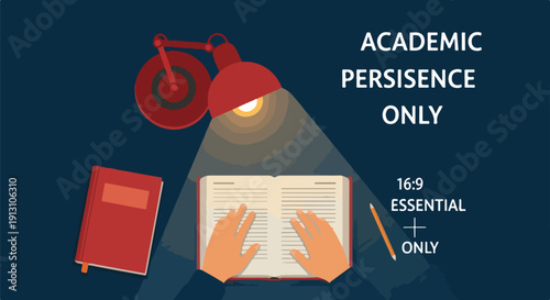 Close-up of student hands diligently reading an open book under a bright desk lamp, representing focused academic study and perseverance.