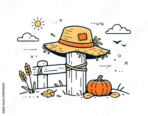 Scarecrow Hat Still Life. Scarecrow hat. A straw scarecrow hat resting gently on a fence post, quiet rural mood and autumn atmosphere. Editorial scene about