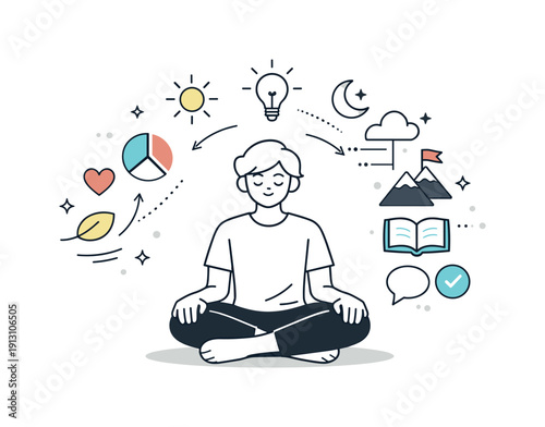 Inner growth and reflection. A character sitting quietly with abstract symbols gently reorganizing around them. The illustration suggests