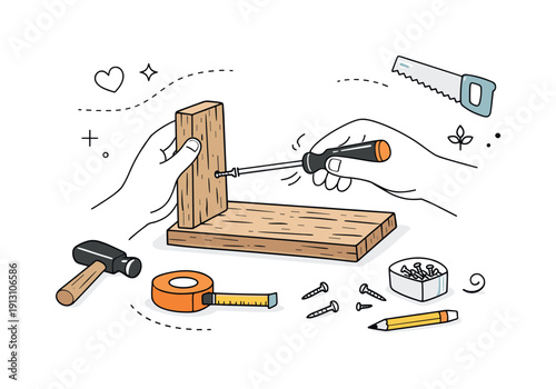 DIY reclaimed wood decor. Hands assembling a small wooden shelf from reclaimed planks, calm and creative. Simple tools and motion lines show