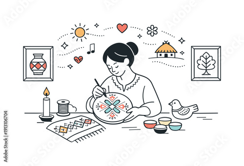 Folk art and cultural heritage. A craftsperson carefully creating traditional patterns by hand, expressing continuity, memory, and respect