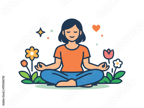 Spring self care quiet wellness moment with a person meditating among blooming flowers and soft sparkles, conveying inner peace, clarity, and