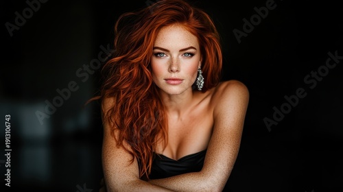 This captivating close-up features a woman with stunning red hair and visible freckles, radiating confidence and beauty, against a dark and moody background.