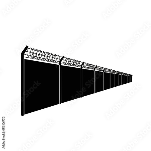 Black fence with barbed wire on top.