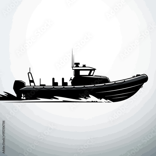 Black Rigid Inflatable Boat Silhouette Moving Through Water.