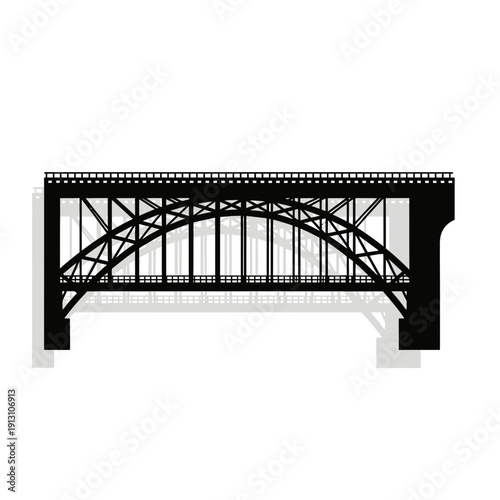 Black Silhouette of a Steel Arch Railway Bridge.