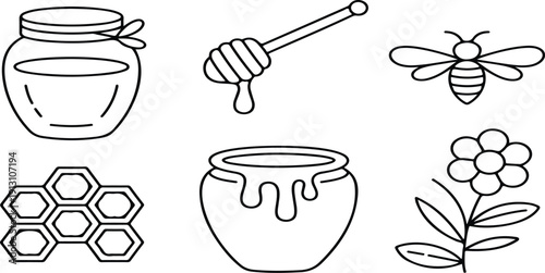 Honey Outline Icon Set Bee, Jar and Honeycomb Vector