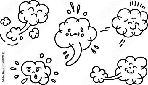 Fart Cloud Line Icons  Comic Smoke Poof and Gas Doodle Set