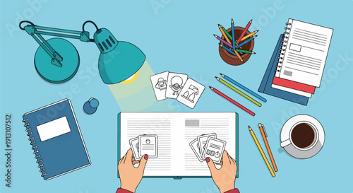 Top view of a desk with a lamp, notebook, tablet, coffee, and art supplies, illustrating a creative workspace.