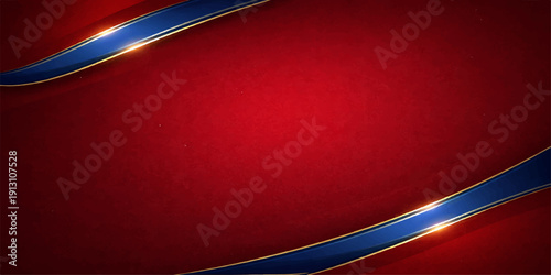 Red and blue background featuring a decorative ribbon with golden curves and light waves for a festive holiday banner or business card template illustration