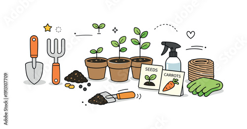 Organized Garden Preparation. Seasonal planting. Gardening tools, seeds, and young plants arranged neatly, showing preparation and care for growth. Clean