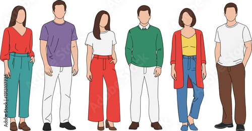 Diverse group of young creative people in colorful casual clothing standing together for teamwork community and modern lifestyle fashion concept.