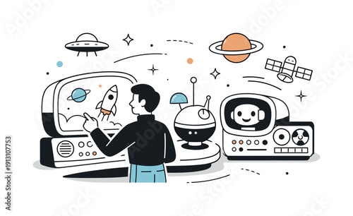 Retro-Futuristic Interaction. Retro-futurism concept. Person interacting with vintage-style futuristic technology, optimistic vision of the future inspired by