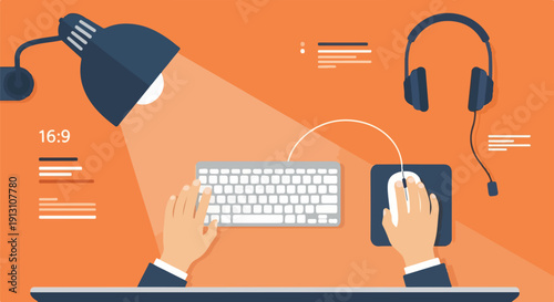 Flat design illustration of hands typing on a keyboard with a mouse, desk lamp, and headphones on an orange background