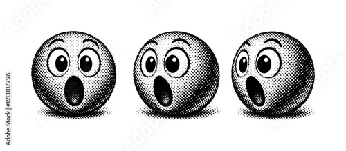 Comic emoticon surprised face, a single wide-eyed surprised emoticon object shown in front view, slight side angle view, and three-quarter