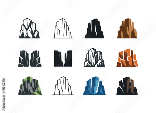    Rocky cliffs. Icon set. Set Logo of rocky cliffs: vertical rock wall. harmonious logo variations of the same emblematic concept, each with