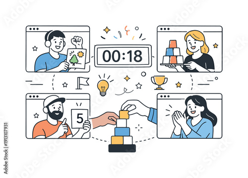 Online team-building activity. Colleagues participating in a light game or challenge through screens, showing relaxed interaction. The mood