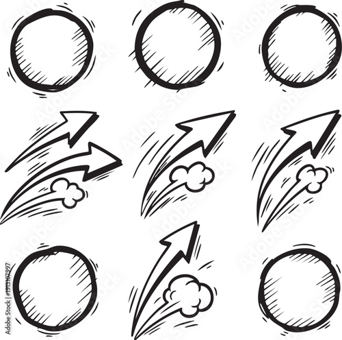 set vector illustration and set of hand-drawn arrows featuring silhouette circle elements for a tattoo logo design art drawing